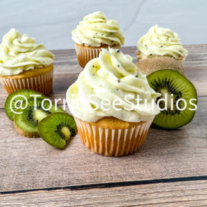 Almond Kiwi Cupcakes on Wood