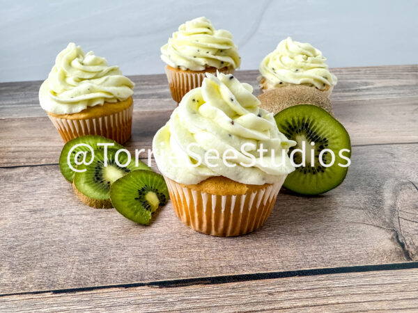 Almond Kiwi Cupcakes on Wood