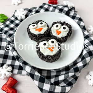 Penguin Chocolate Cookie Rice Cereal Treats on Linen