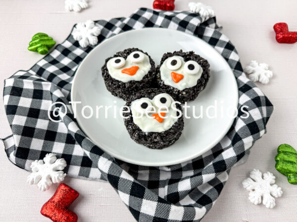 Penguin Chocolate Cookie Rice Cereal Treats on Linen