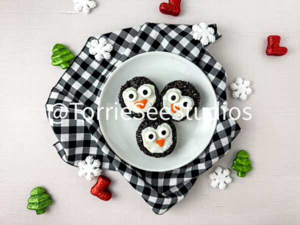 Penguin Chocolate Cookie Rice Cereal Treats on Linen - Image 10