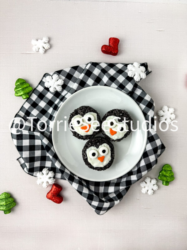 Penguin Chocolate Cookie Rice Cereal Treats on Linen - Image 9
