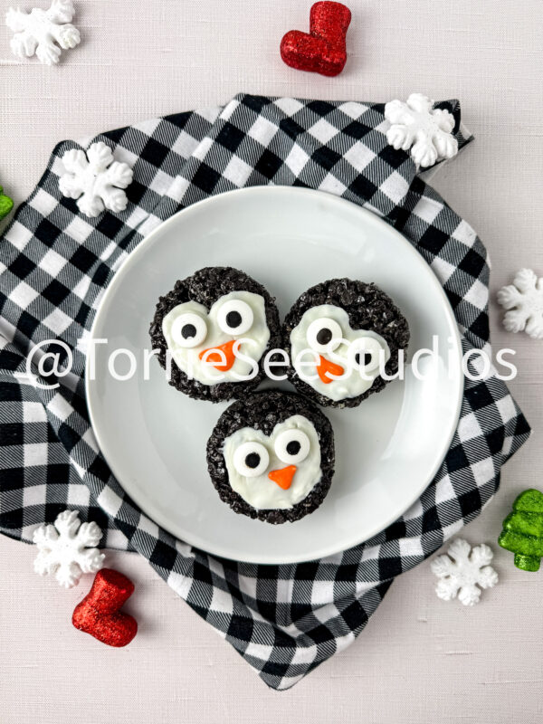 Penguin Chocolate Cookie Rice Cereal Treats on Linen - Image 8