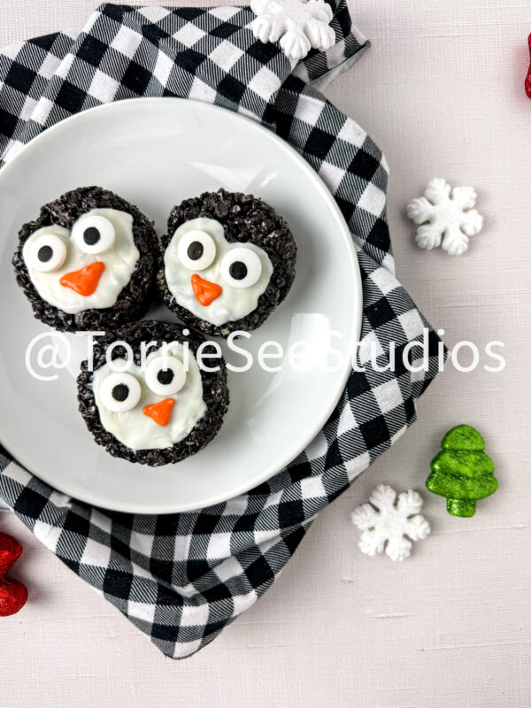 Penguin Chocolate Cookie Rice Cereal Treats on Linen - Image 4