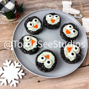 Penguin Chocolate Cookie Rice Cereal Treats on Wood