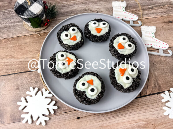 Penguin Chocolate Cookie Rice Cereal Treats on Wood