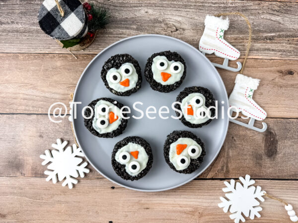 Penguin Chocolate Cookie Rice Cereal Treats on Wood - Image 10