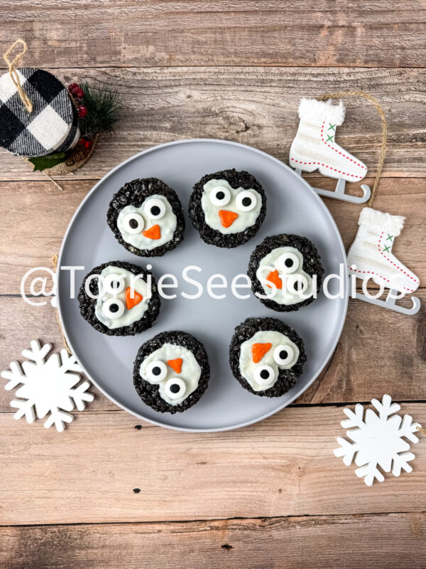 Penguin Chocolate Cookie Rice Cereal Treats on Wood - Image 9