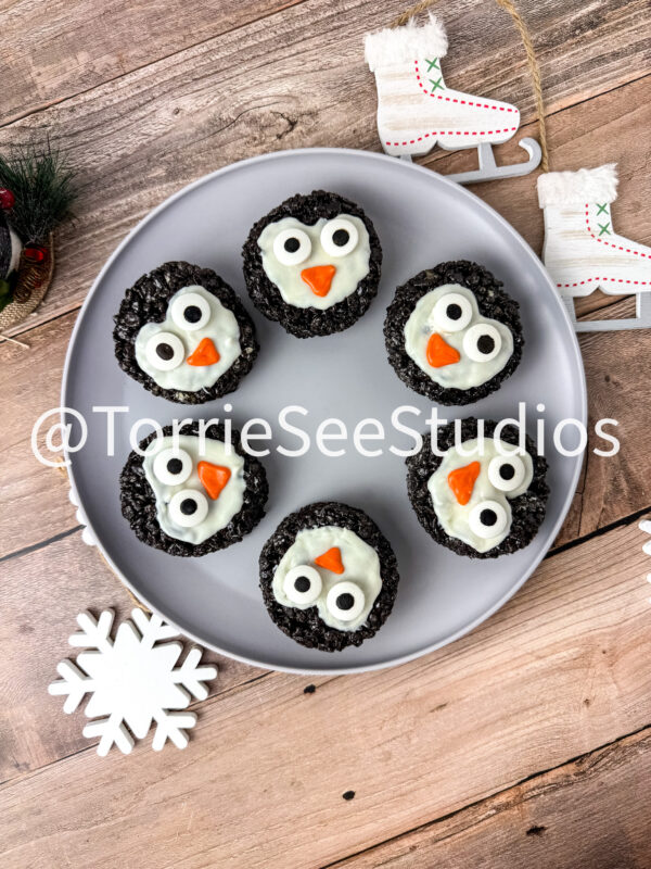 Penguin Chocolate Cookie Rice Cereal Treats on Wood - Image 6