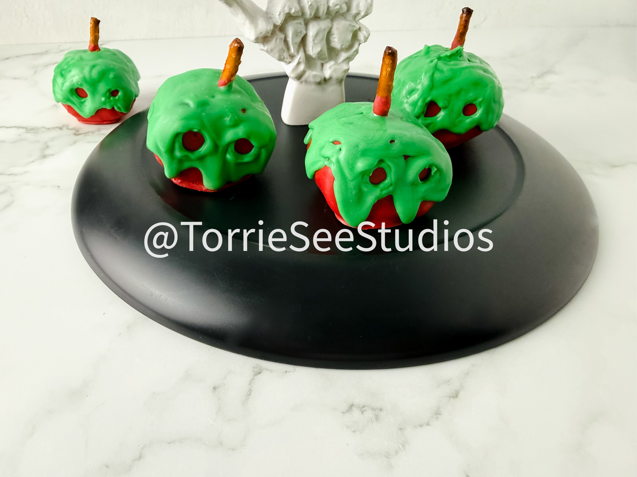 Halloween Apple Chocolate Covered Marshmallows on Marble